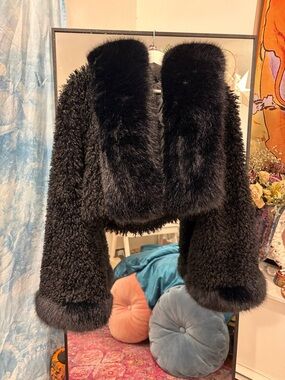 Miss Circle Black Faux Fur Cropped Jacket - Women